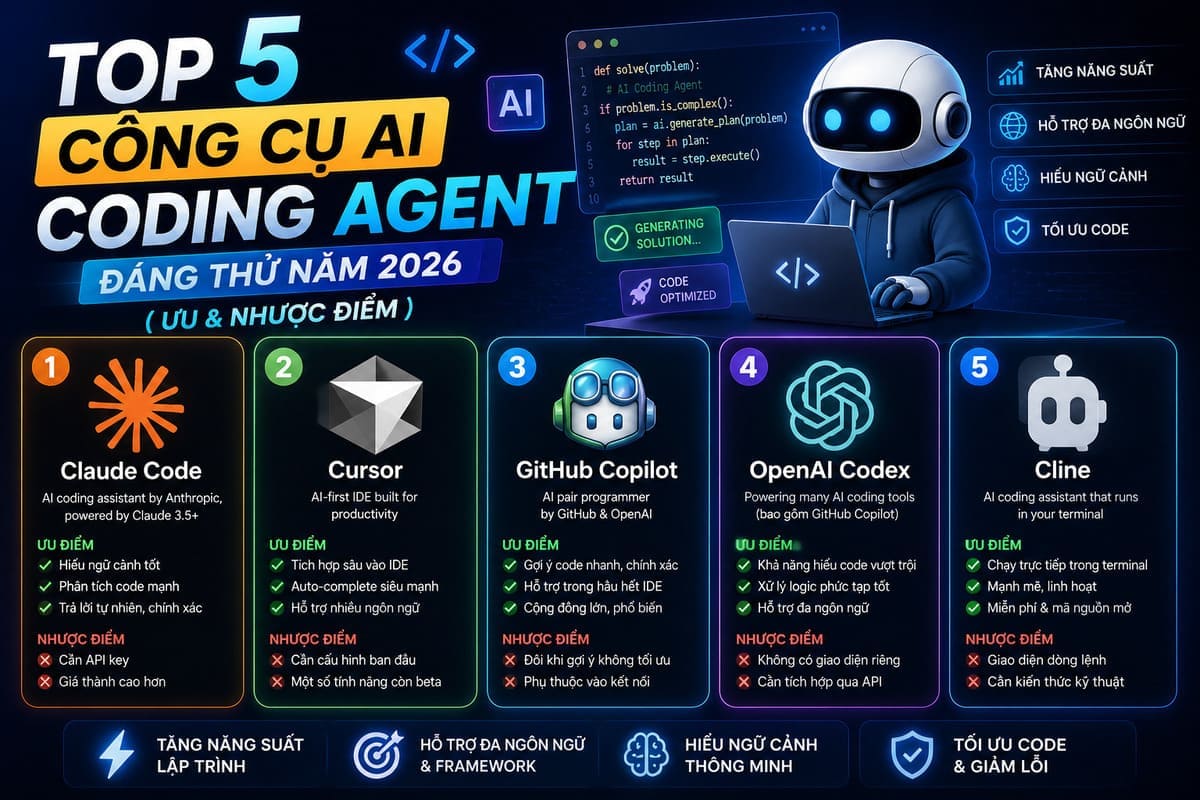 Top 5 Công Cụ AI Coding Agent Đáng Thử Năm 2026